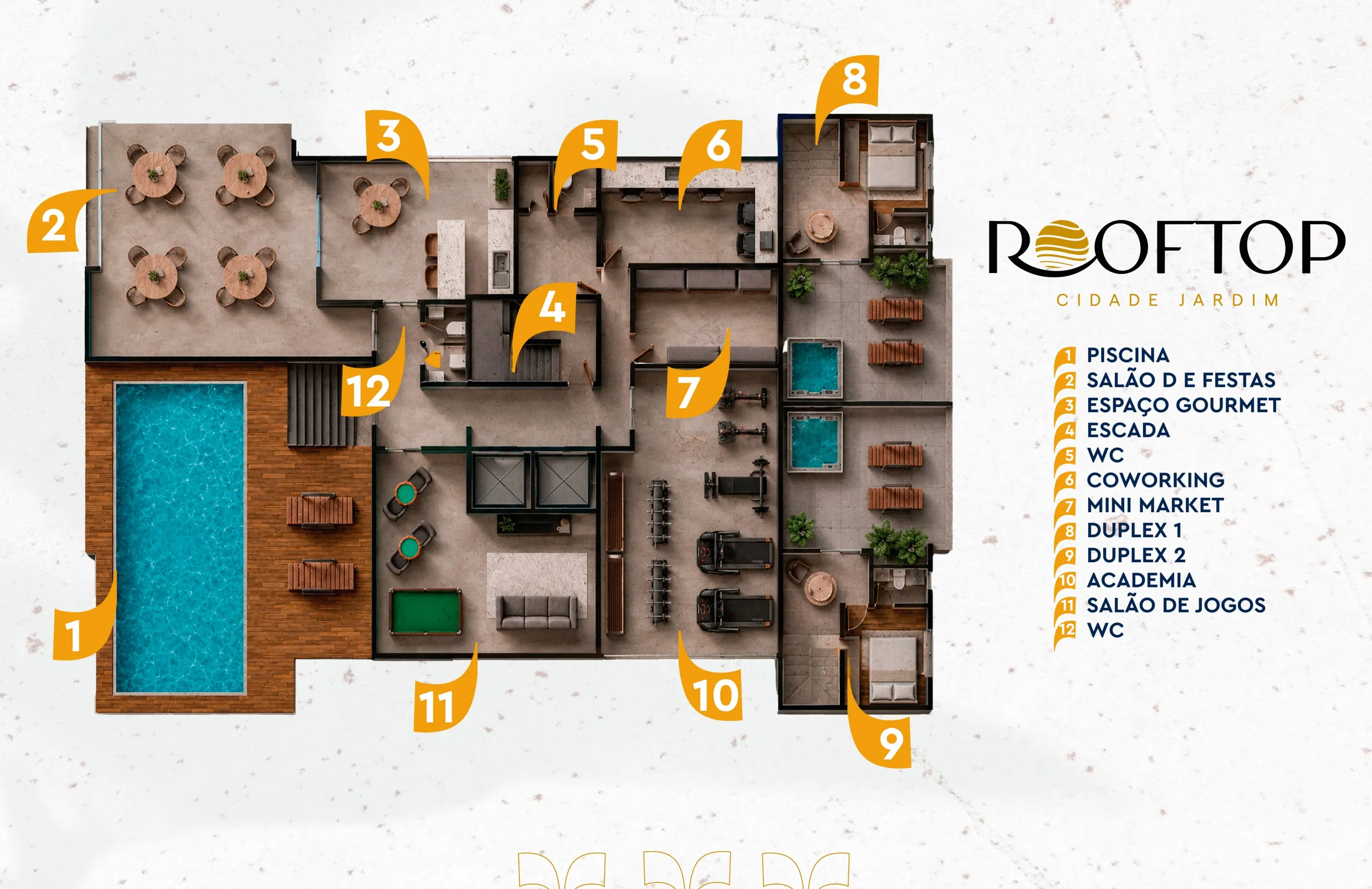 Planta do pavimento rooftop com piscina, salão de festas, espaço gourmet, coworking, mini market, academia e salão de jogos