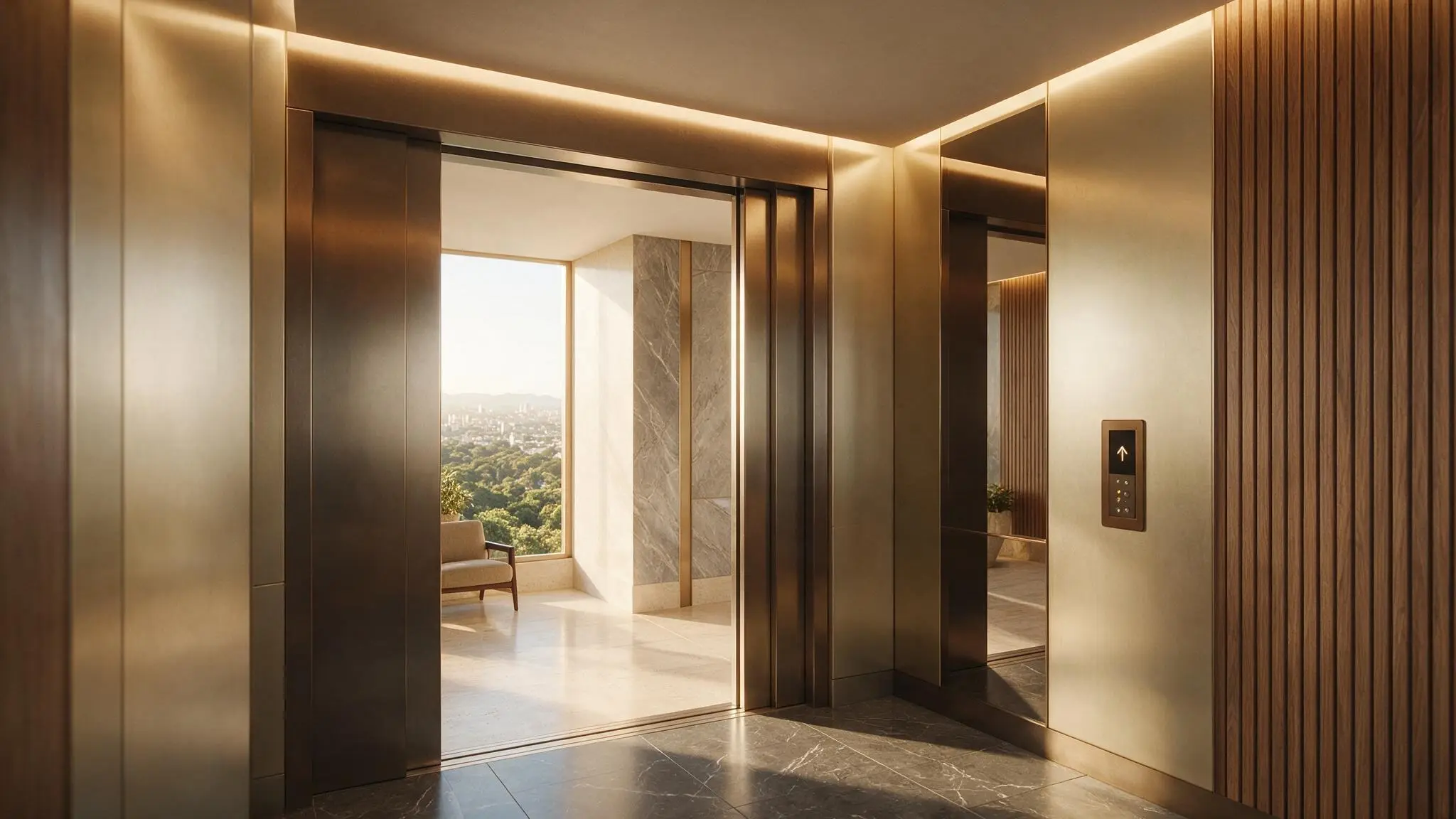 Portas de elevador abrindo em um pavimento alto, com a cidade pela janela