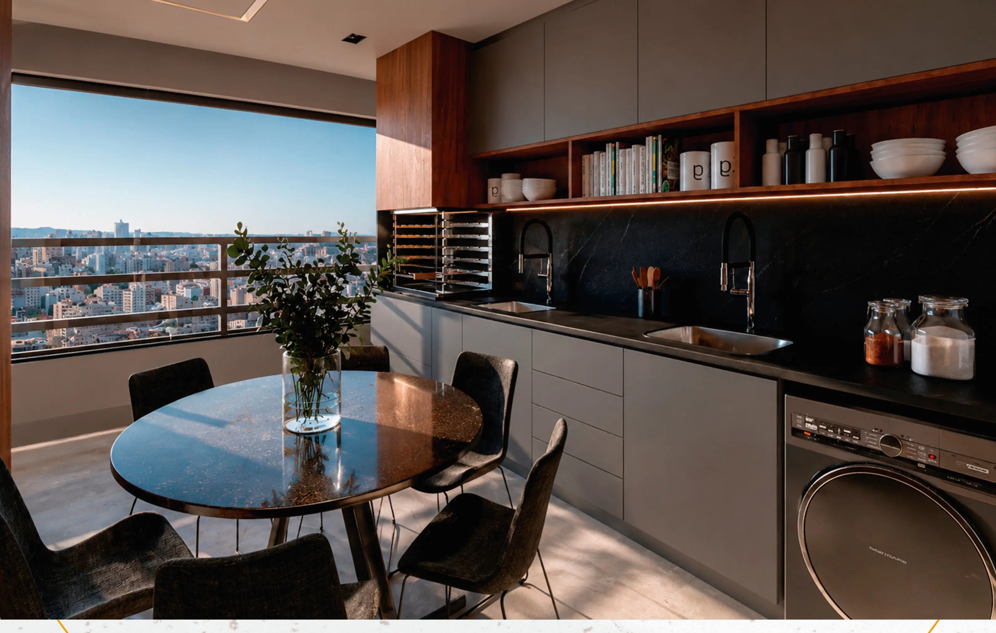 Varanda gourmet de um apartamento, com São José dos Campos ao fundo, bem abaixo