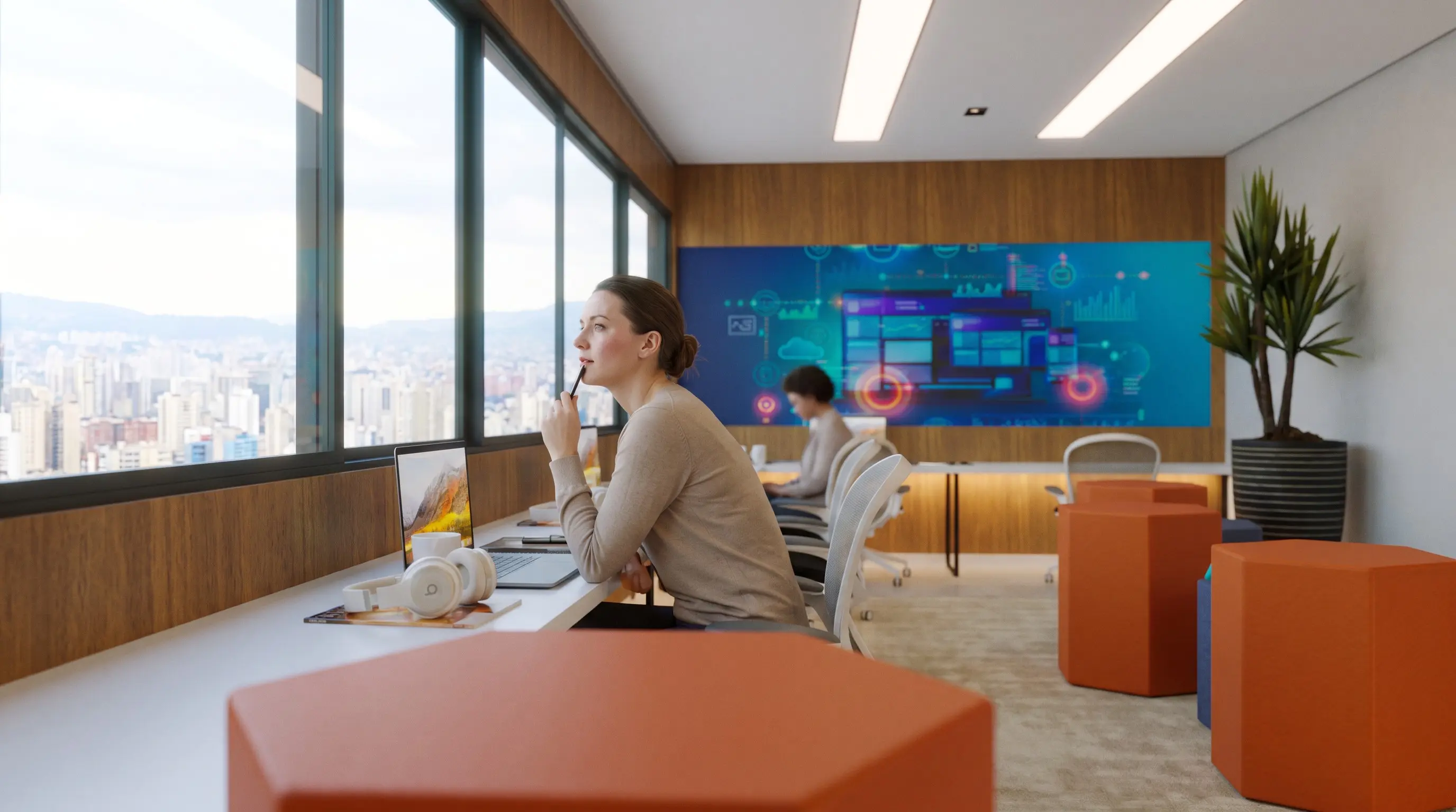 Coworking com estações de trabalho voltadas para a vista da cidade