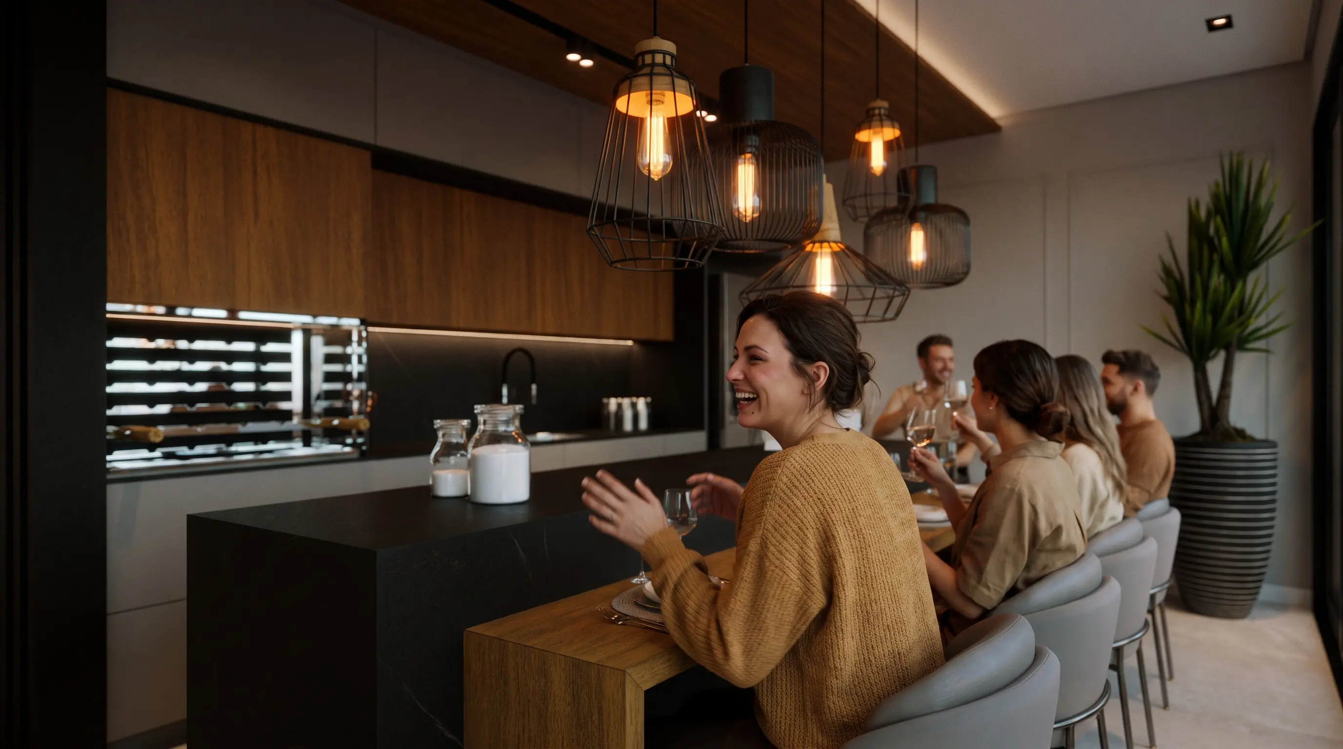 Espaço gourmet com moradores reunidos na bancada
