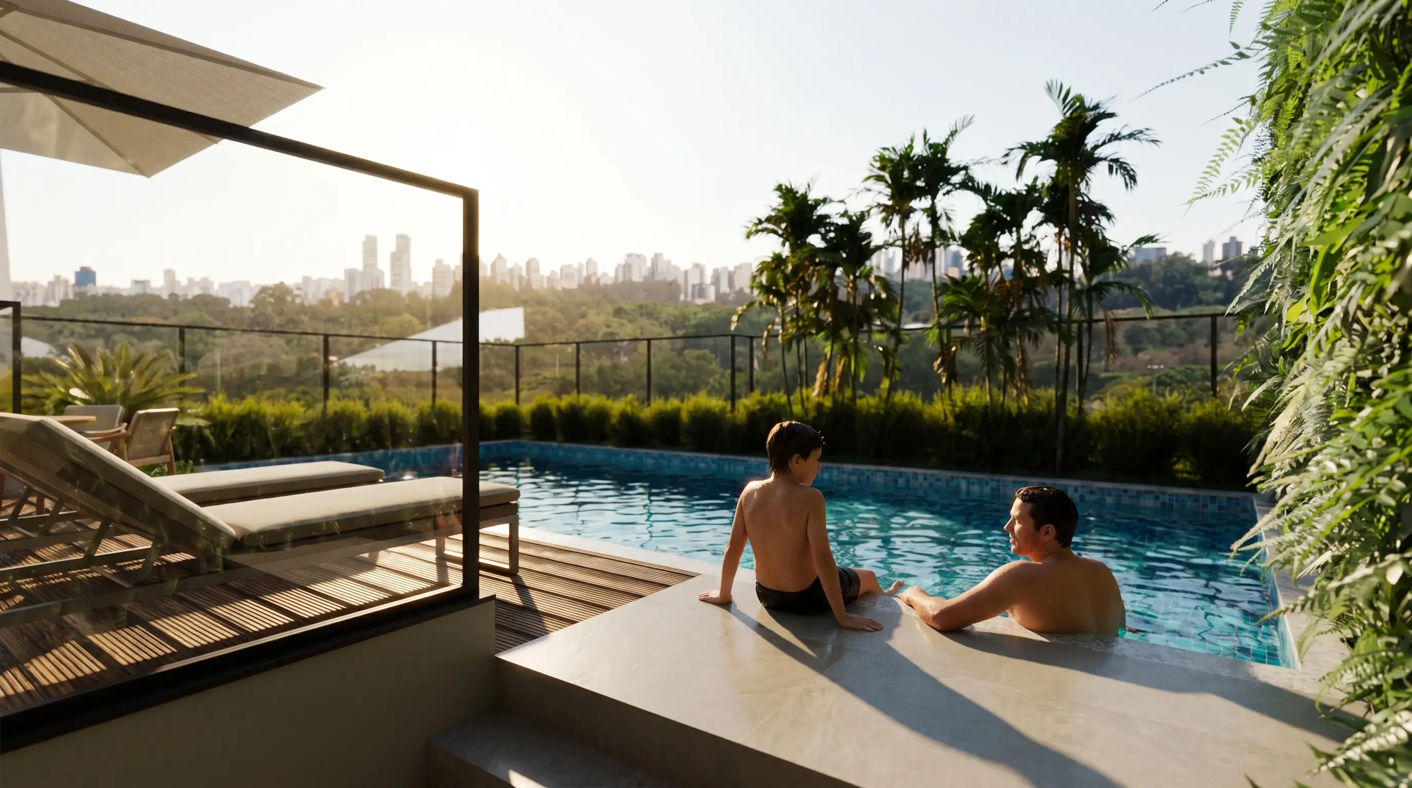 Piscina do rooftop com moradores na borda e a cidade ao fundo