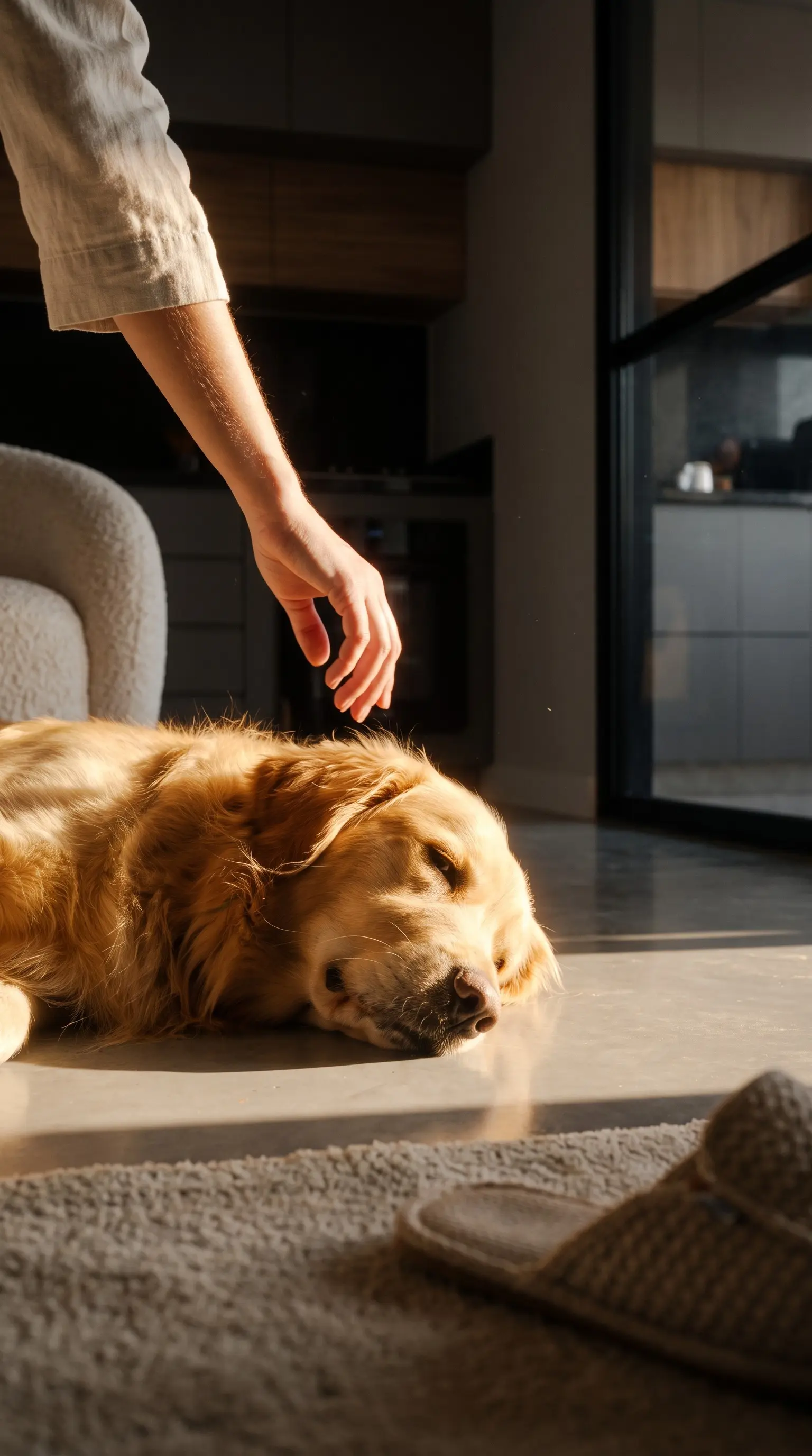 Cachorro deitado no tapete da sala, em um facho de sol